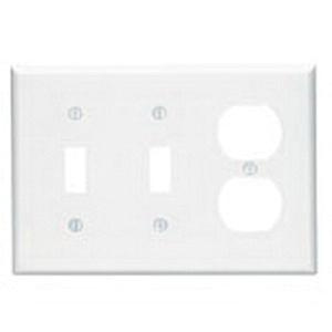 P125999.jpg Leviton PJ21-W Thermoplastic Nylon Device Mount Midway Size 3-Gang Combination Wallplate 1-Duplex Receptacle + 2-Toggle Switch White